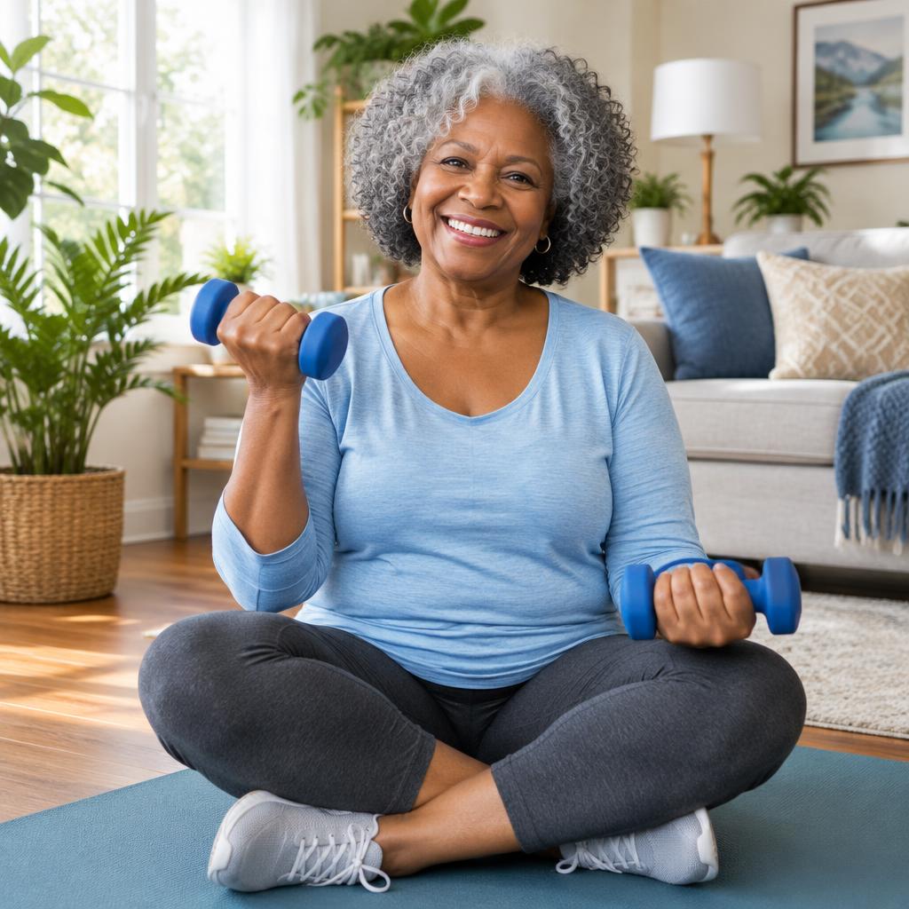 Older woman exercising with light dumbbells at home